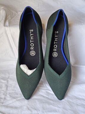 Rothy's Women's Forest Green Pointed Knit Flats with Blue Trim